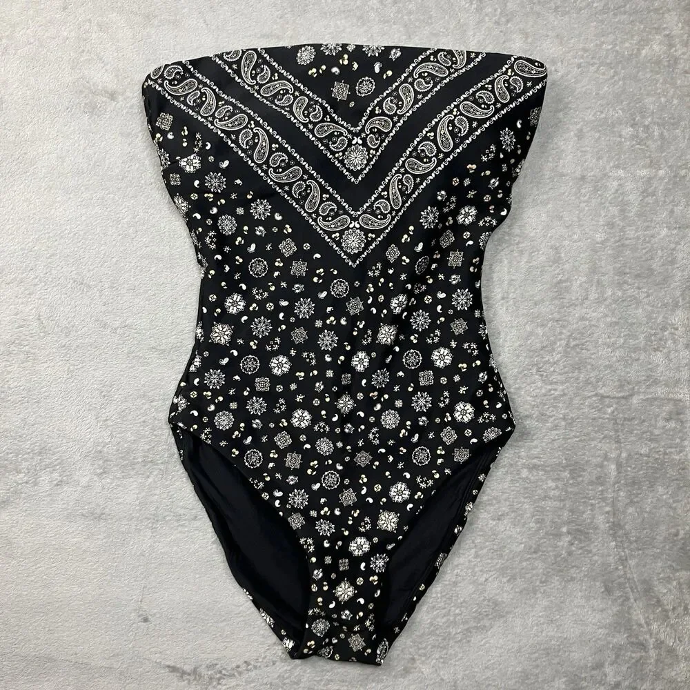 J.Crew Classic Sculpt Gemma One Piece Swimsuit 8 Black Bandana Convertible Print